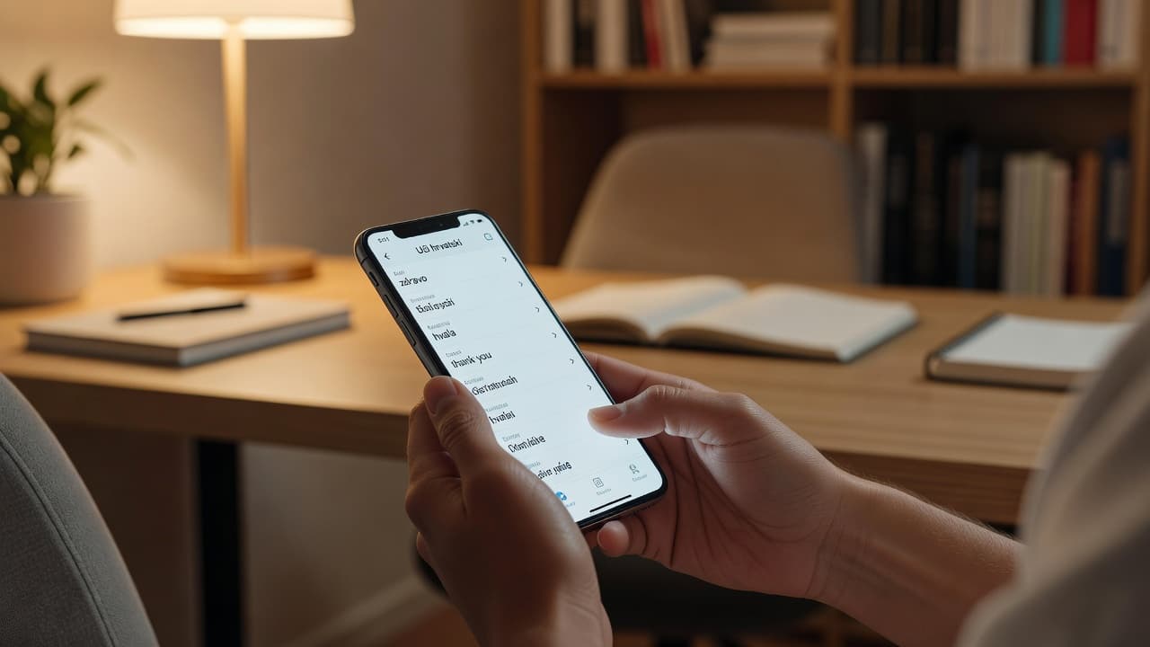 A close-up shot captures hands holding a smartphone displaying an educational interface. The soft, warm glow of the home office creates a cozy and focused environment for dedicated language learning sessions.