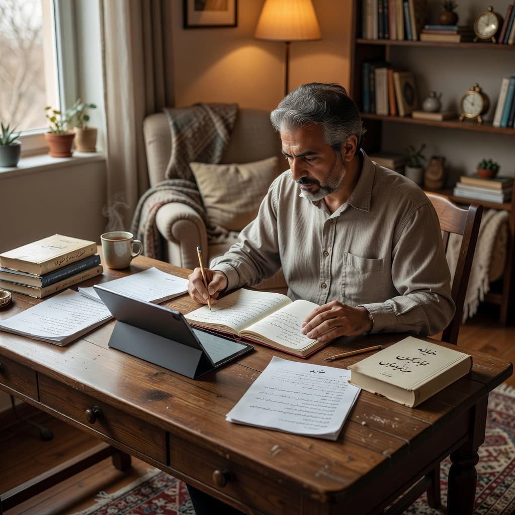 A focused individual sits at a rustic wooden desk, using a digital tablet to study Farsi. Soft light filters through a nearby window, illuminating the serene and cozy workspace interior.
