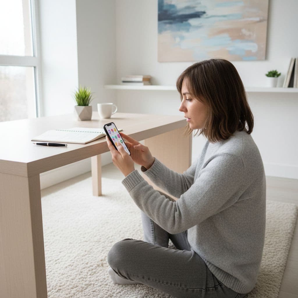 Best Romanian Learning Apps for Serious Learners in 2026 2 A focused individual sits at a minimalist wooden desk, using a smartphone to study Romanian. A handwritten notebook and an open pen rest beside the device under soft natural morning light.