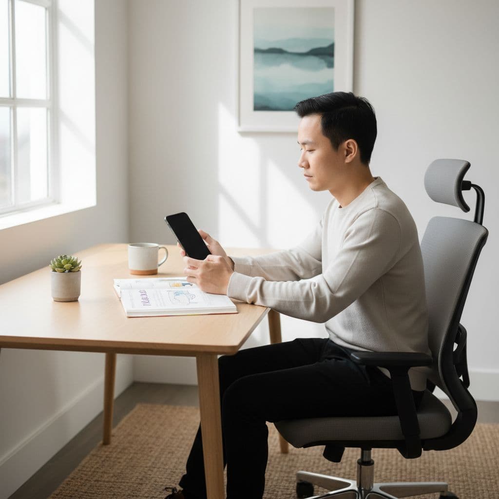 Best Vietnamese Learning Apps for Serious Learners in 2026 2 A focused person sits at a tidy minimalist desk holding a smartphone to study Vietnamese.