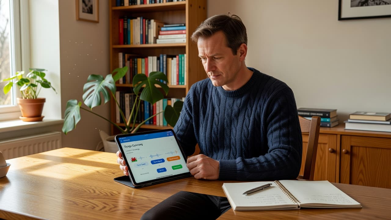 Best Welsh Learning Apps for Serious Learners in 2026 2 A focused student sits at a rustic wooden desk, holding a glowing tablet featuring language learning software. A notebook and pen rest beside them within a bright, peaceful home office space.