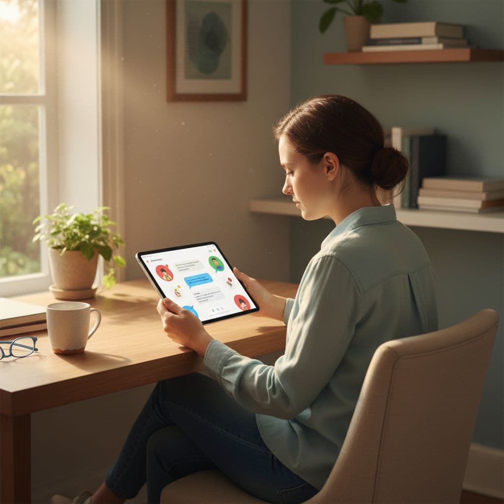 Talkpal Review for Serious Learners in 2026 2 Person sits at desk with tablet computer, intently viewing screen in sunlit home office.