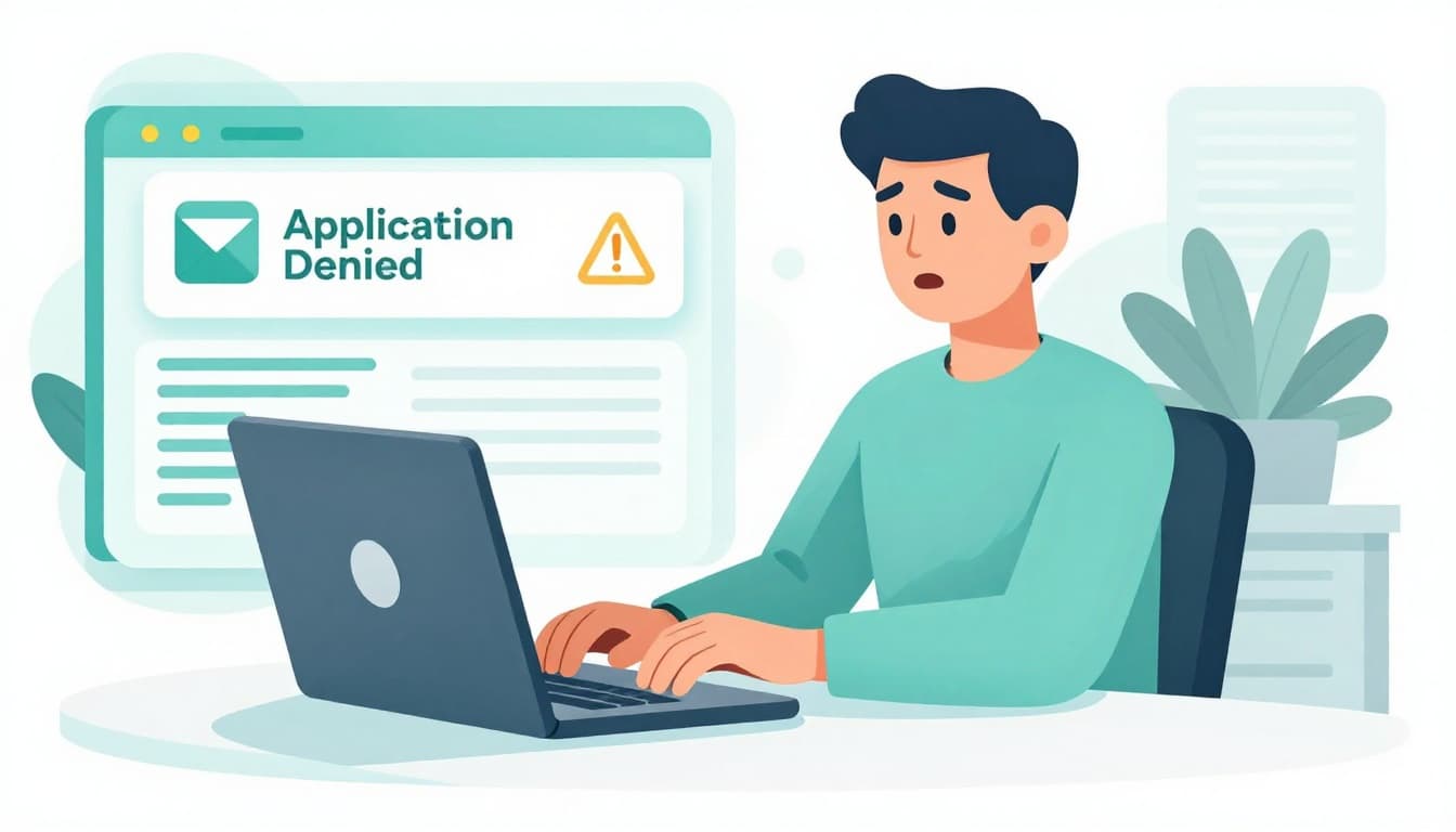 Clean vector illustration of a focused marketer at a desk with laptop displaying an application denied notification, in a modern office with plant, conveying surprise and determination.