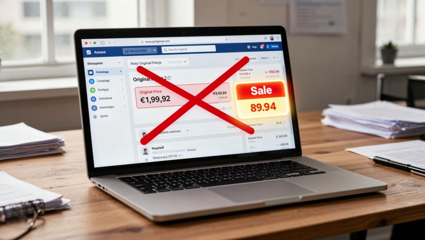 Product detail page on a laptop screen showing a fake-looking compare-at price with a large red strike-through on an inflated original price of $299 next to a sale price of $99, in a cluttered ecommerce interface. Exactly one laptop on a desk in a natural office setting with realistic style and soft lighting.