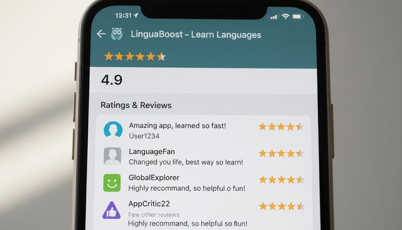 A 10-Minute Authenticity Check for Language App Reviews 2 Close-up of a smartphone screen showing a language learning app's app store page with multiple 5-star reviews featuring similar phrasing, generic profile pictures, and one reviewer with few other reviews, indicating fake review patterns.