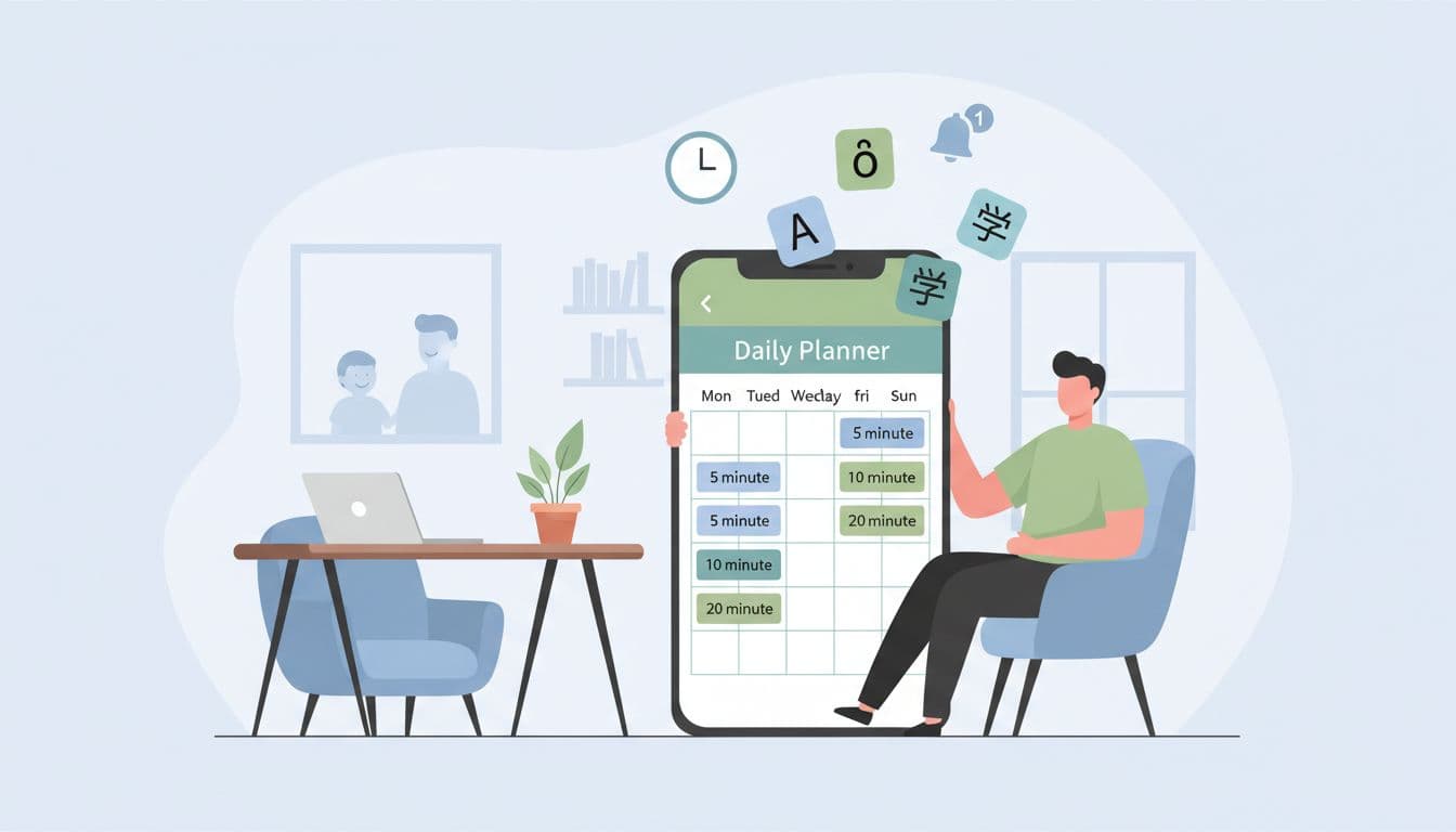Illustration of sustainable short study slots for language apps