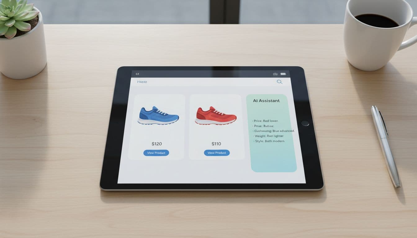 Overhead view of a tablet in a bright workspace showing an ecommerce product comparison page for shoes with a subtle AI assistant sidebar summarizing key differences in bullet points.