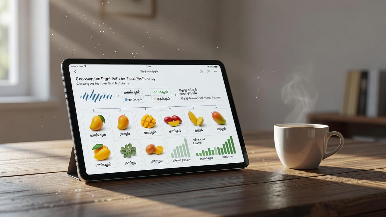 A modern tablet sits on a polished wooden desk, displaying a language lesson interface. A steaming cup of coffee rests nearby, while soft natural light creates a peaceful study atmosphere.