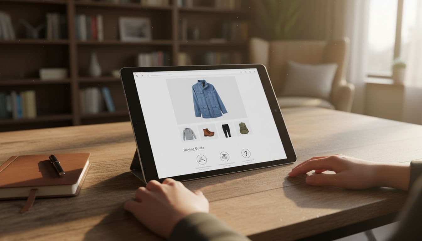 Ecommerce product detail page on a tablet screen placed on a wooden desk in a home office, main product image of a blue jacket at top, thumbnails for related products, and buying guide section with icons.