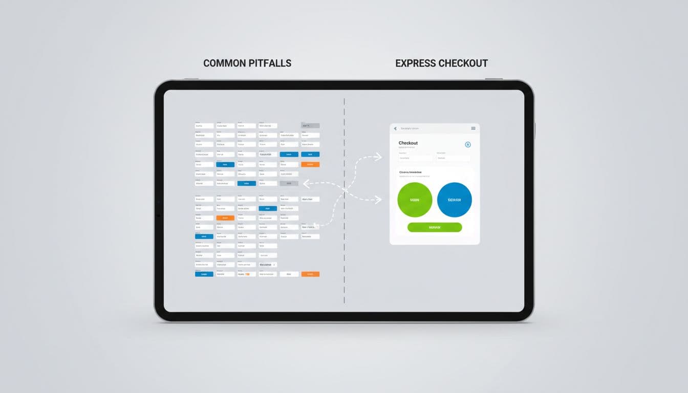 Split-screen comparison on a tablet: left side shows cluttered checkout with small buttons, right side displays clean express checkout with large prominent buttons; infographic style with subtle arrows highlighting differences.