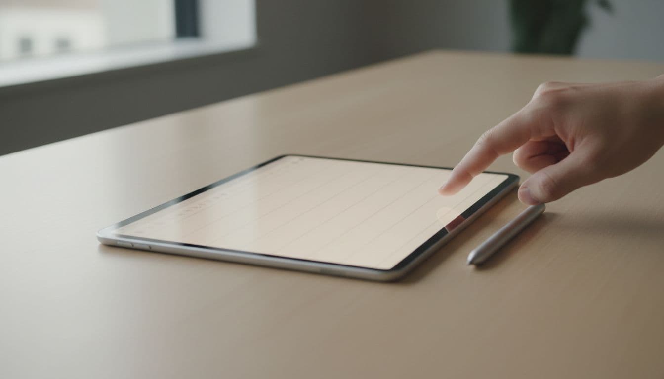 A 15-Minute Handwriting Input Check for Language Apps 2 Tablet device on a desk with handwriting input app open, stylus and finger nearby, clean photorealistic composition with soft lighting.
