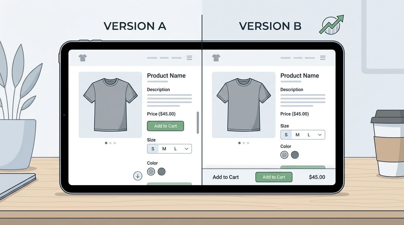 Crisp vector illustration of two tablet screens side-by-side: left shows Version A standard product page with scrolling add-to-cart bar; right shows Version B with persistent sticky bottom bar and upward arrow indicating higher conversions. Minimalist UI for generic clothing product with neutral design and subtle shadows.