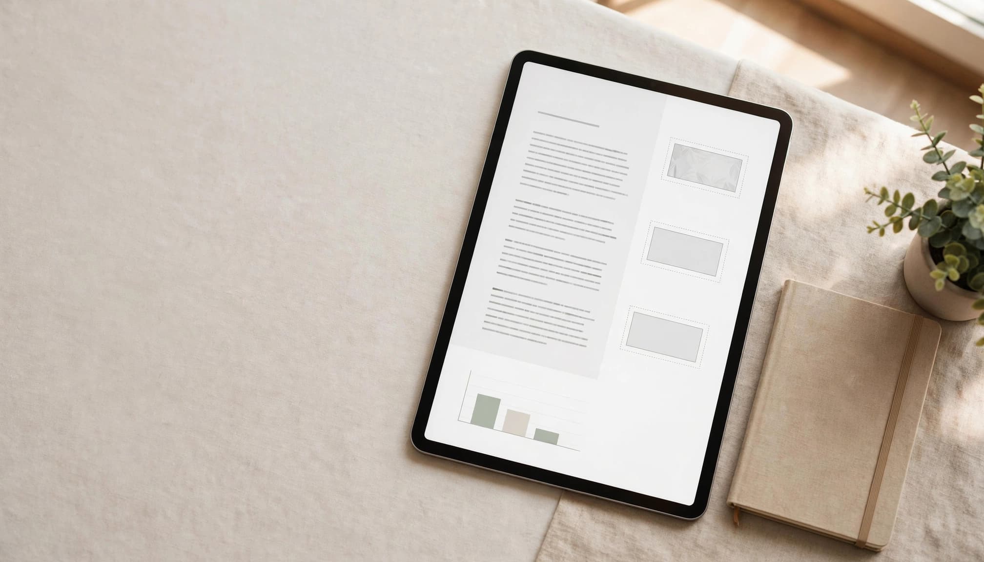 A tablet showing an article layout sits beside a chart and notebook in a bright office.