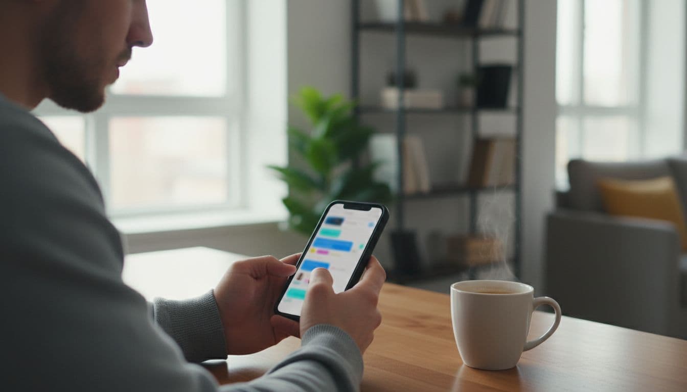 A focused person uses the Tandem app on a smartphone held at an angle, displaying a blurred chat interface for matching partners, with a coffee mug nearby on a modern apartment desk under soft daylight.