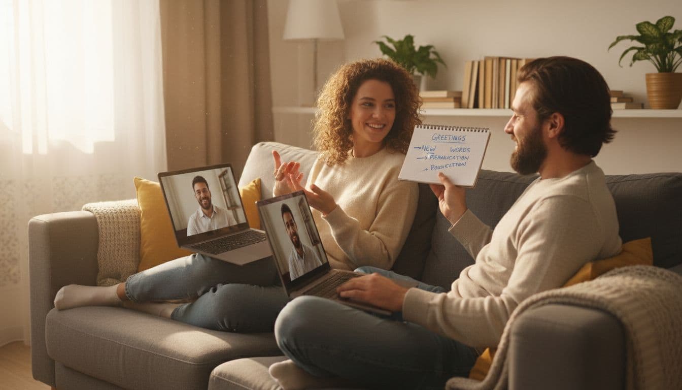 Two adults in a cozy home setting video chatting on laptops about language learning, one holds a notebook with simple notes, relaxed natural poses, warm natural lighting, realistic style.