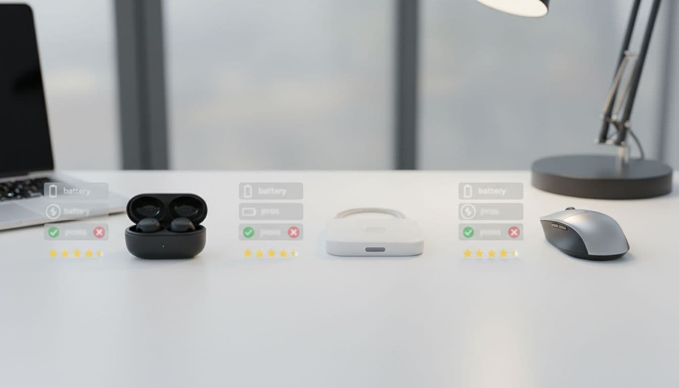 Top-down view of three anonymized gadgets like earbuds, charger, and mouse on a clean desk, with feature callouts using blurred icons for battery life, pros, cons, and ratings. Natural office lighting, blurred laptop nearby, landscape orientation, no text, people, or watermarks.
