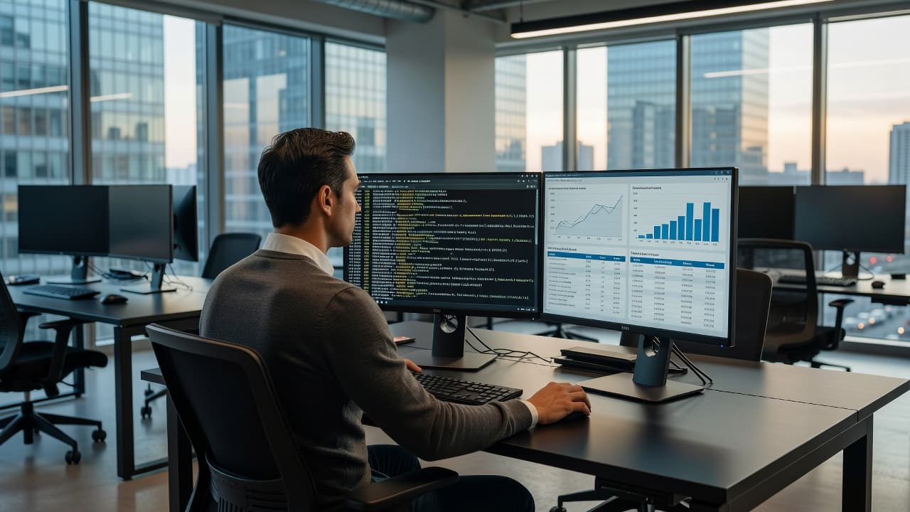 An analyst examining server log data and crawl reports on dual monitors.