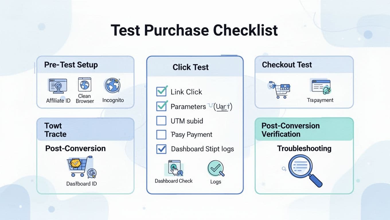 Minimalist SaaS vector illustration depicting a clean checklist for verifying affiliate tracking through a test purchase, featuring icons for pre-test setup, click test, checkout, post-conversion verification, and troubleshooting on a white background with blue and teal accents.