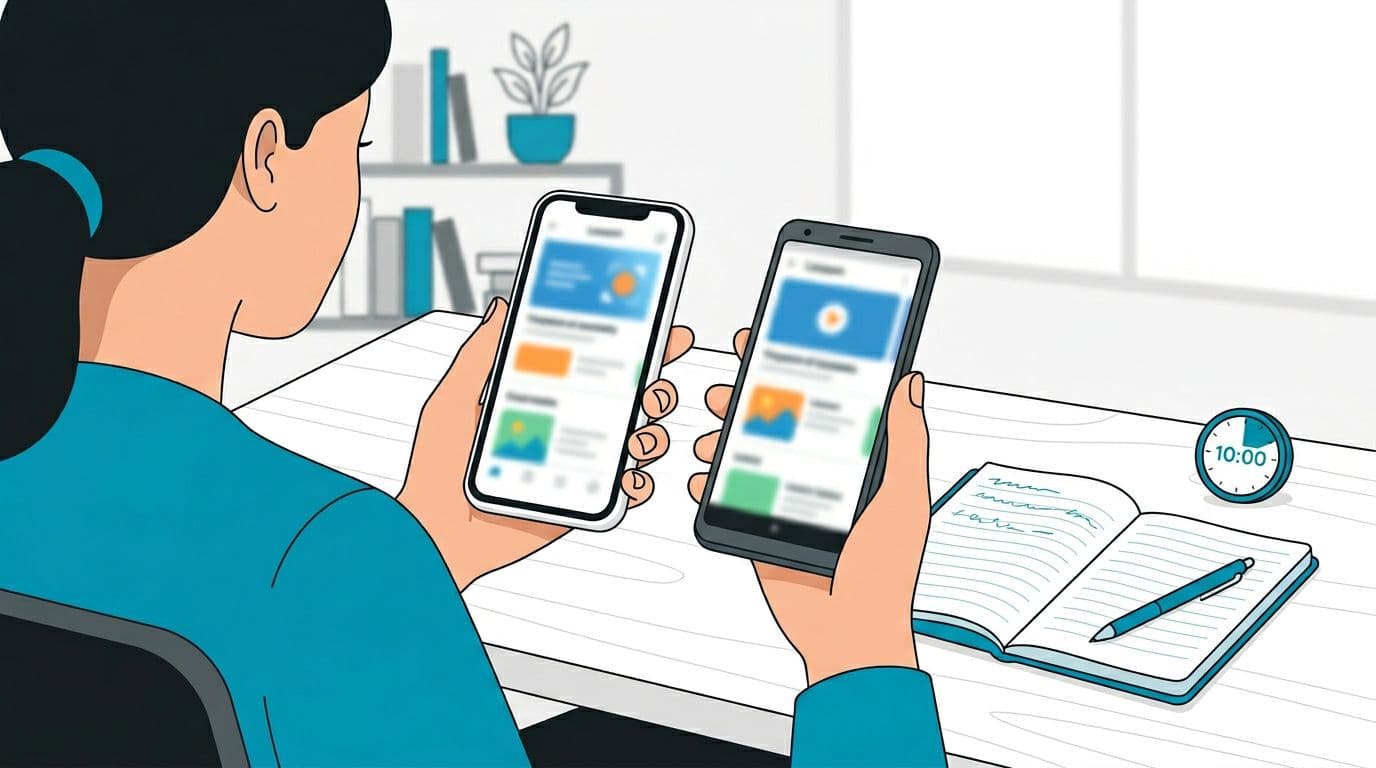 The 10-Minute Crash Stability Check For Language Learning Apps 2 A single tester at a modern desk holds an iPhone in the left hand and an Android phone in the right side-by-side, with blurred screens showing generic lesson interfaces and a small 10-minute timer icon nearby, alongside an open notebook with pen in a clean office.