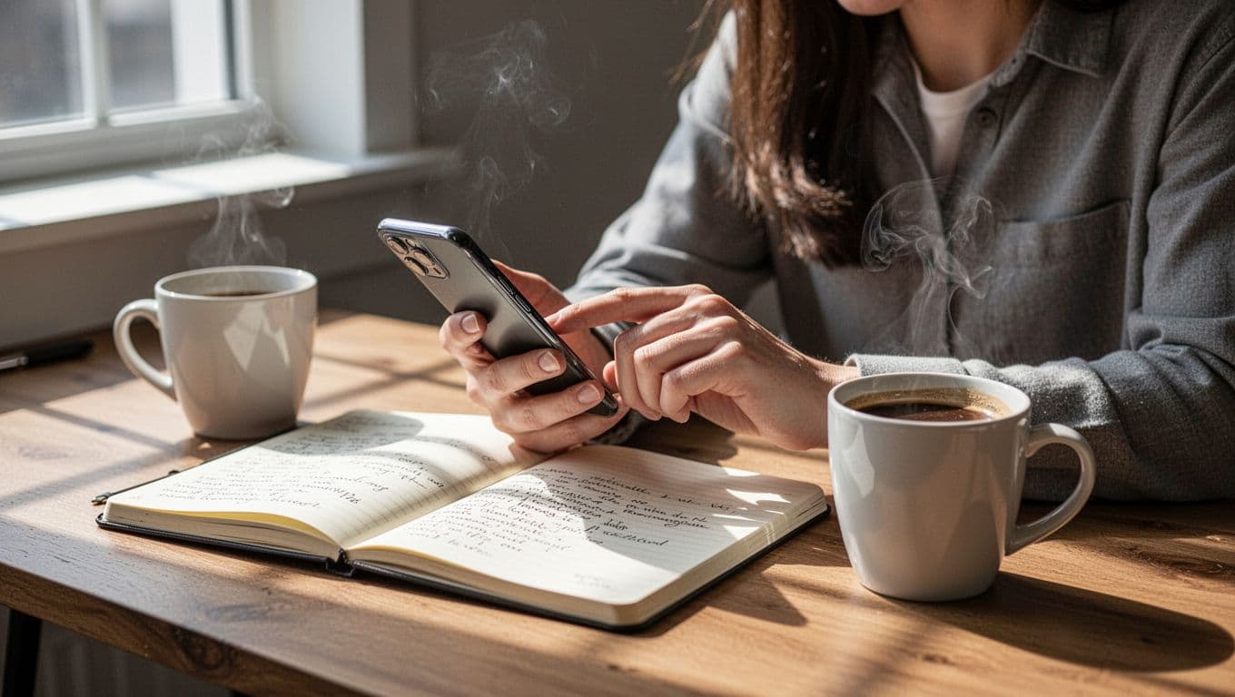 A 10-Minute Translation Reliance Check for Language Apps 2 A thoughtful person uses a smartphone language app at a desk, with an open notebook containing handwritten notes in the target language, a coffee mug, and natural daylight from a window illuminating the realistic scene.