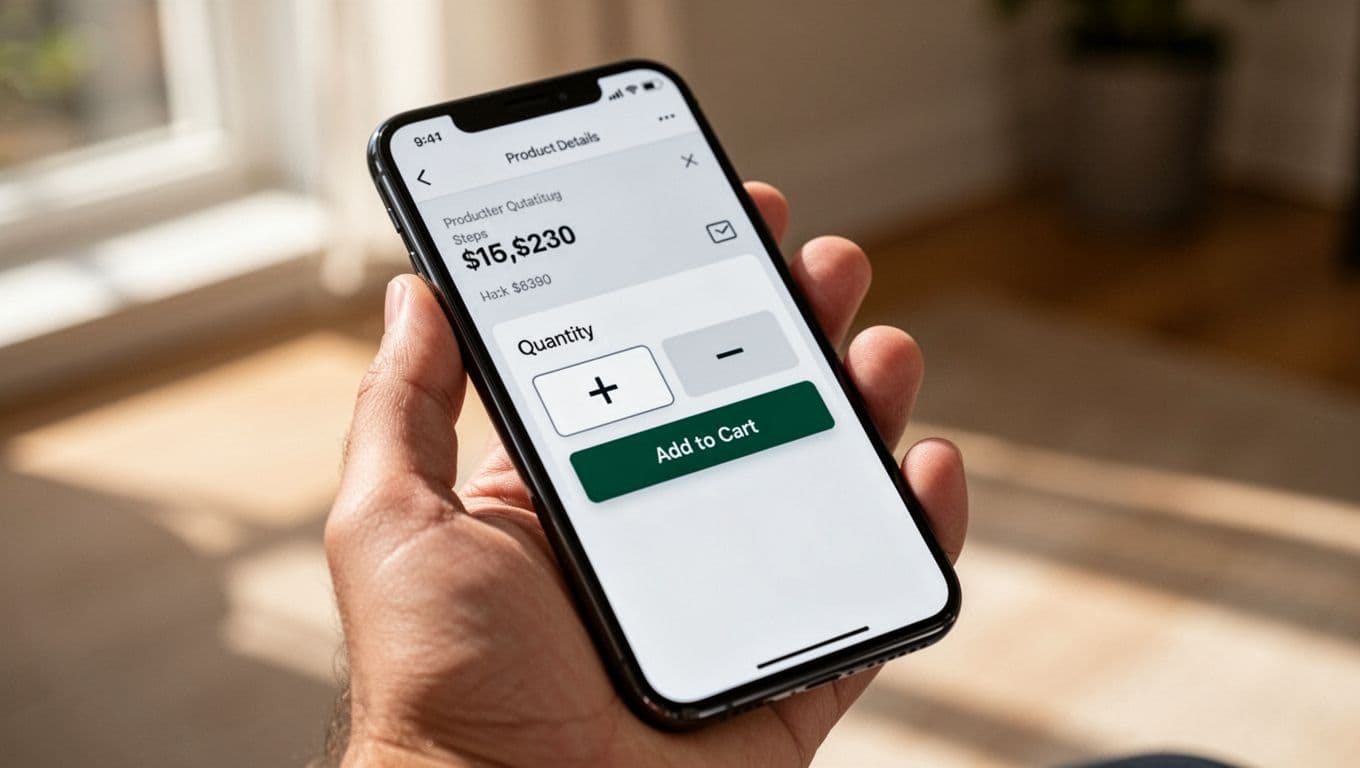 Close-up of a realistic iPhone held in hand displaying a mobile e-commerce product detail page with prominent quantity stepper selector featuring plus and minus buttons next to add-to-cart button, clean modern UI with large touch targets and natural indoor lighting.