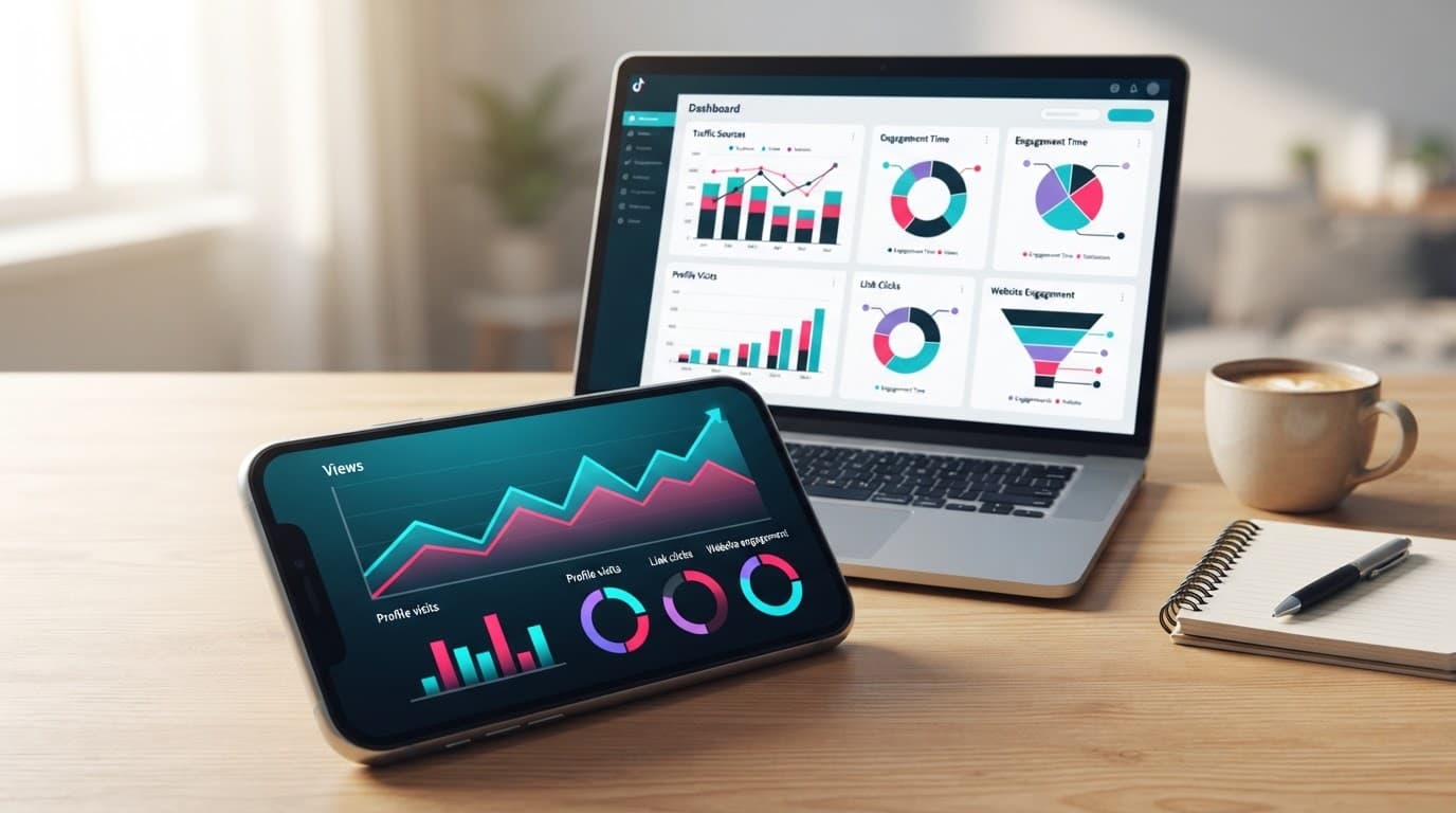 Smartphone and laptop showing abstract traffic charts beside coffee and a notebook.