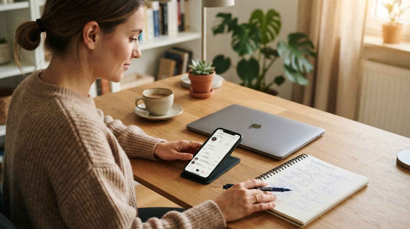 Marketer studying TikTok search suggestions beside handwritten notes, a laptop, and coffee.