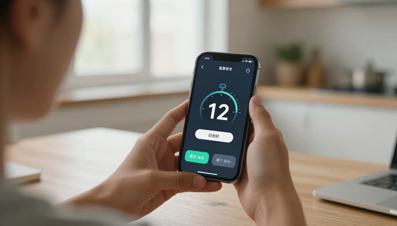 A young adult sits at a cozy kitchen table holding a smartphone with a language learning app and a stopwatch showing about 12 minutes elapsed, in relaxed morning light.