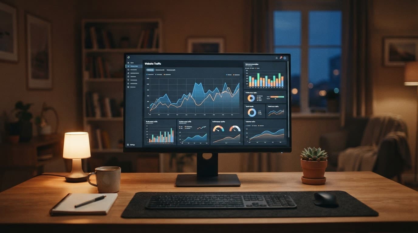 A monitor shows abstract analytics charts in a warmly lit home office.