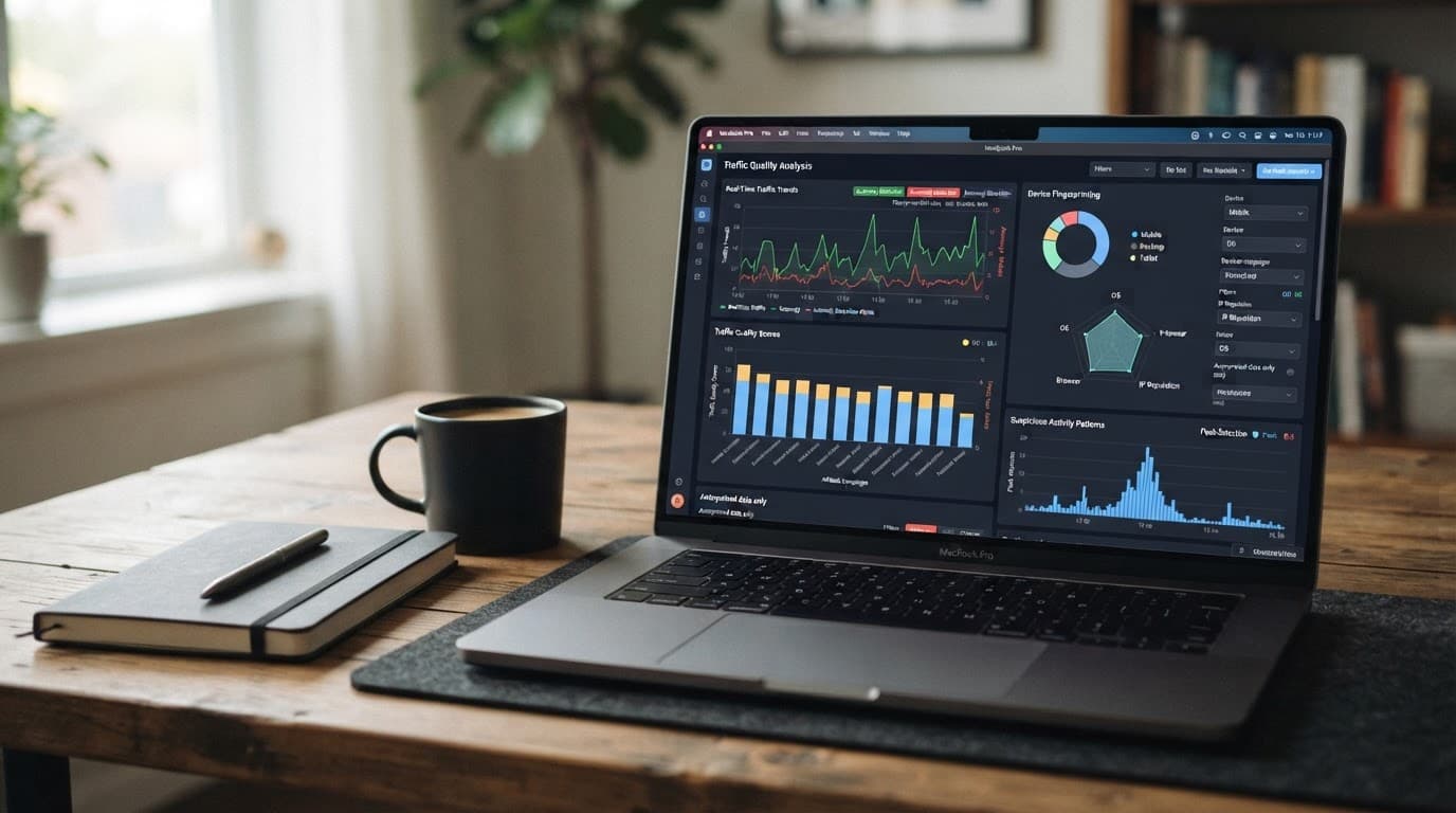 Monitor showing traffic scores and fingerprinting charts beside a notebook and coffee cup.
