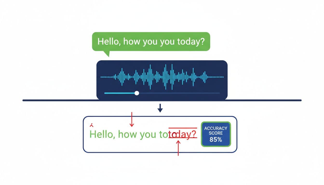 Transcript Match Test for Language Apps (how to spot wrong captions, missing words, and auto-caption mistakes) 4 Educational flat vector illustration demonstrating a transcript match test: top shows audio player with waveform and original text 'Hello, how are you today?', bottom displays generated transcript with errors like 'to day' struck through in red, missing comma insertion, and 85% accuracy badge, with green for correct parts.
