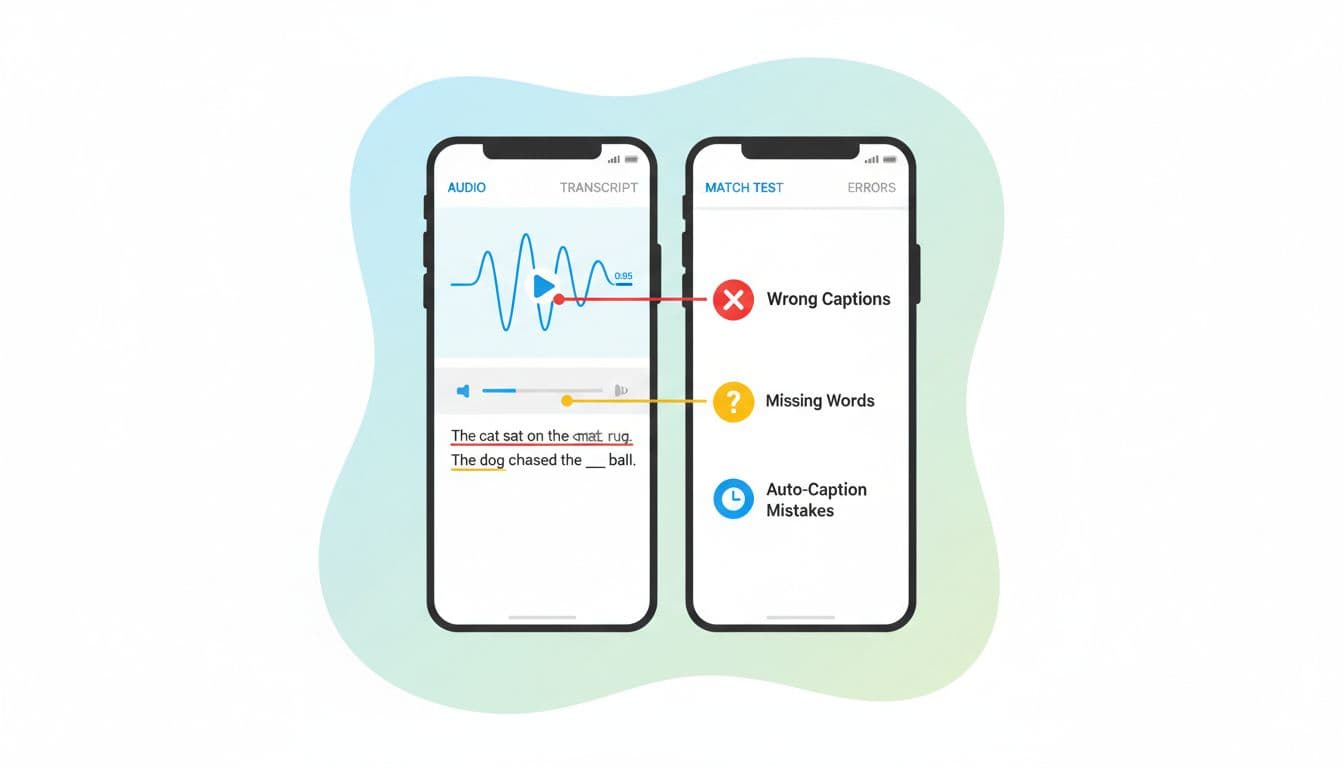 Transcript Match Test for Language Apps (how to spot wrong captions, missing words, and auto-caption mistakes) 2 Clean, modern flat vector illustration of a split-screen mobile app interface for Transcript Match Test in language learning, with audio waveform, error-highlighted transcript on left, and error checklist on right.
