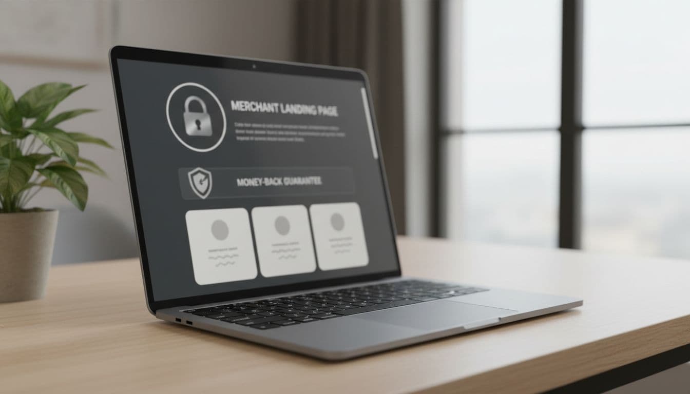 Angled view of a laptop on a modern home office desk displaying a blurred merchant landing page with trust elements including security padlock, money-back guarantee, and customer testimonials. Photorealistic style with soft natural lighting, plant, clean composition, no people or text.
