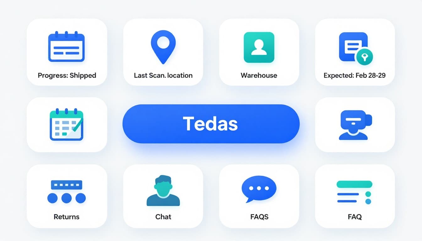 Clean, professional SaaS-style 2x3 grid illustration of trust and transparency UI kit components including shipment progress bar, last scan pin, delivery calendar, returns button, chatbot bubble, and FAQ accordion on a neutral background with blue/teal accents.