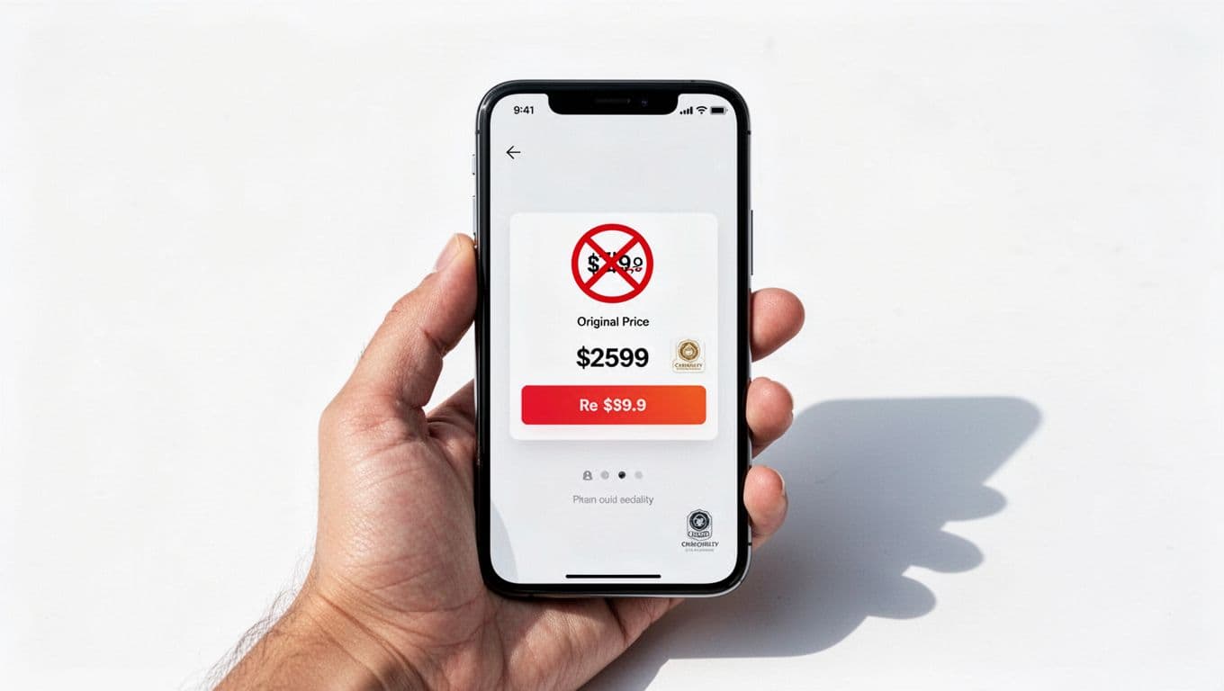 Realistic photo of a hand holding a mobile phone showing a clean product card with subtle strikethrough on $49 compare-at price above $39 current price, 'was' label, and 'lowest price last 30 days' trust badge.