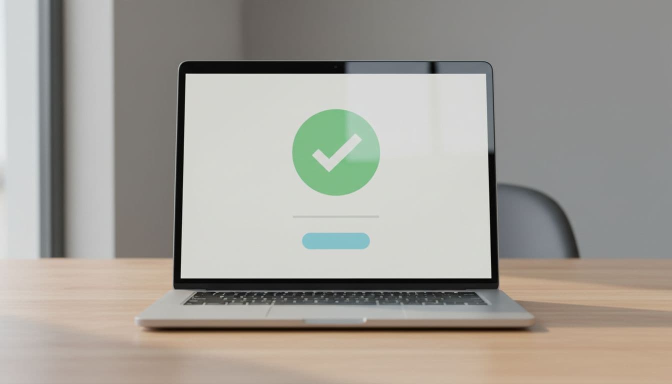 Clean laptop screen displaying a simple order cancellation confirmation interface with a large green checkmark icon on a modern desk, neutral background, realistic style, soft natural lighting, no text or labels.