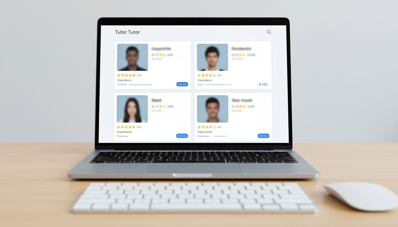 Close-up of a laptop screen displaying diverse tutor profiles including ratings, experience, video previews, and hourly prices on a clean interface, set on a desk with mouse and keyboard in bright lighting.