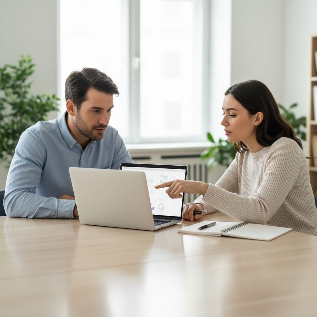 Two adults sit at a wooden table collaborating with a laptop and notebook.