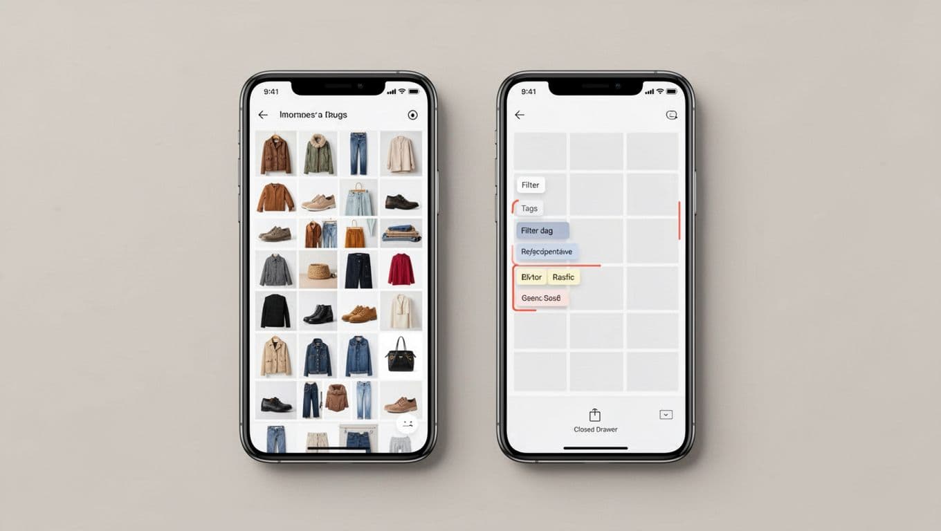 Side-by-side mockup of two modern smartphone screens: left with cluttered unfiltered product grid, right with narrowed filtered grid featuring active filter chips and closed drawer icon. Professional SaaS-style ecommerce illustration on neutral background, landscape ratio, clean design.