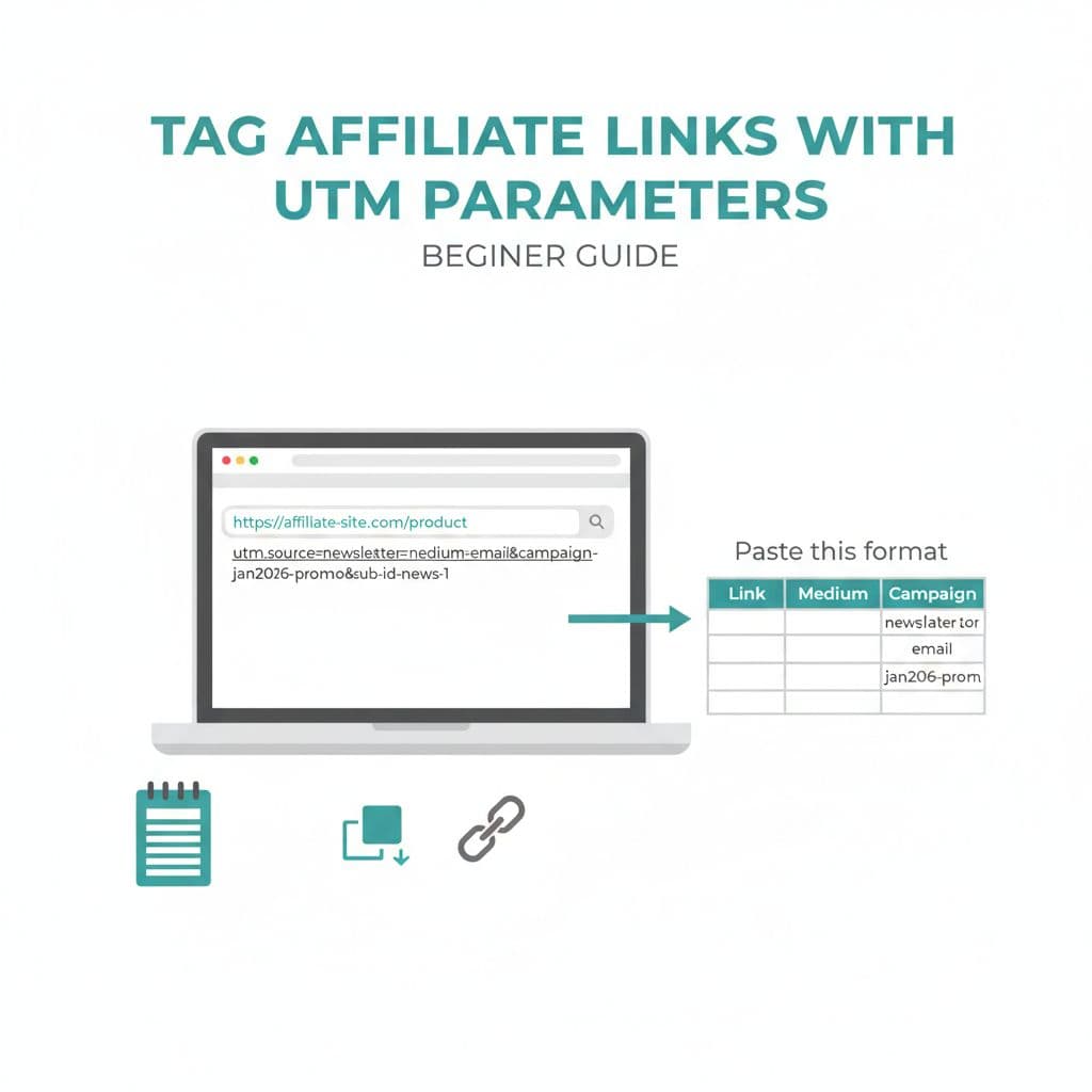 Clean modern flat-vector infographic in square format showing steps to add UTM parameters to affiliate links, featuring a laptop with example URL, copy-paste icons, and spreadsheet tracking columns.