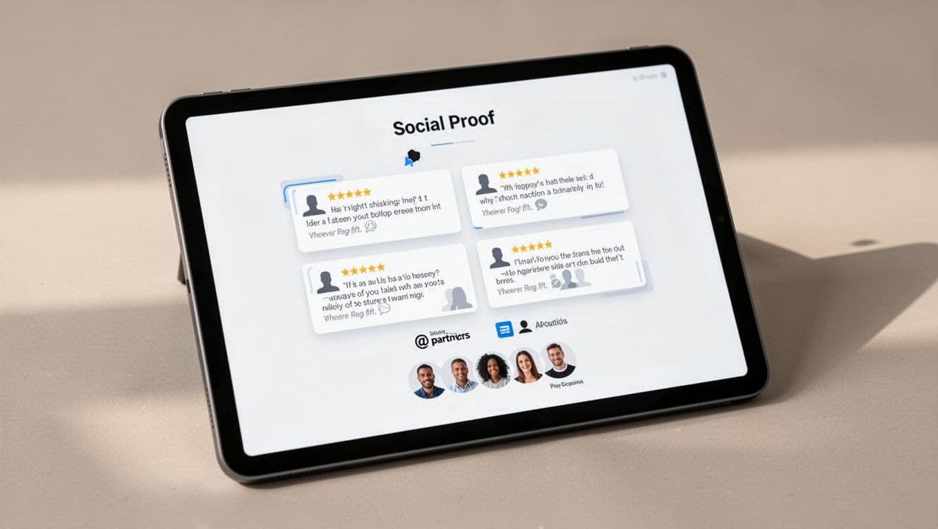 Professional clean website UX illustration of about page social proof area featuring a grid of customer testimonials with star ratings, client partner logos, and team photos on a slightly angled tablet screen in minimalist brand-forward style.