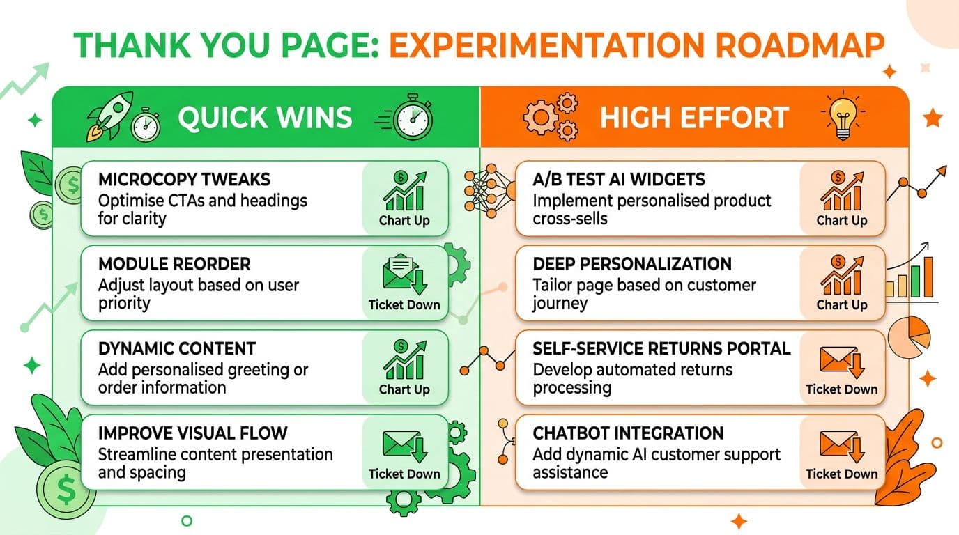Clean flat design landscape table visualization for thank you page UX, featuring two columns: Quick Wins (microcopy tweaks, module reorder) in green and High Effort (A/B testing with AI widgets) in orange, with metric icons like upward charts for upsell CTR and downward tickets for support reduction.