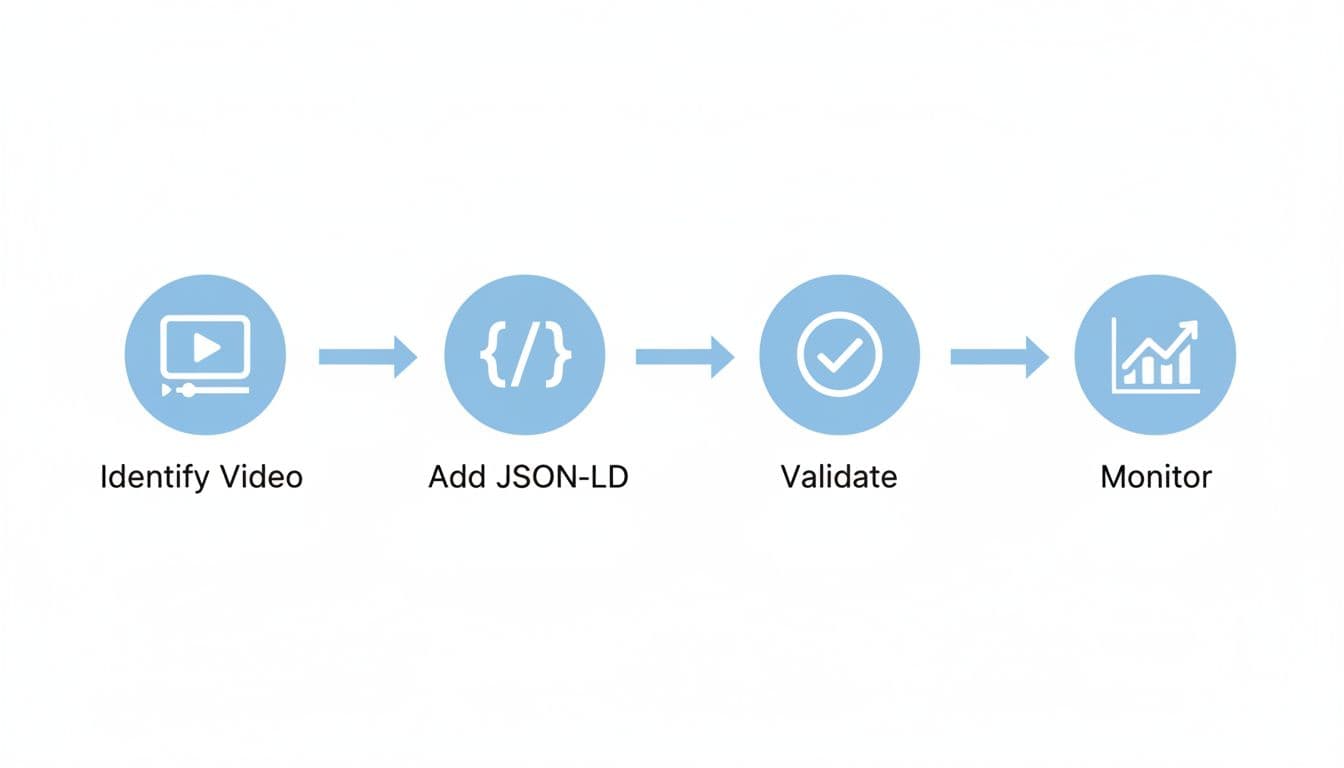 Horizontal flowchart with four steps: Identify Video icon, Add JSON-LD code bracket, Validate checkmark, Monitor graph, in light blue on white background.
