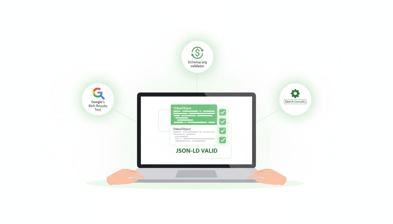 Laptop screen shows green checkmarks for valid schema, surrounded by validation tool icons, hands resting nearby on white background.