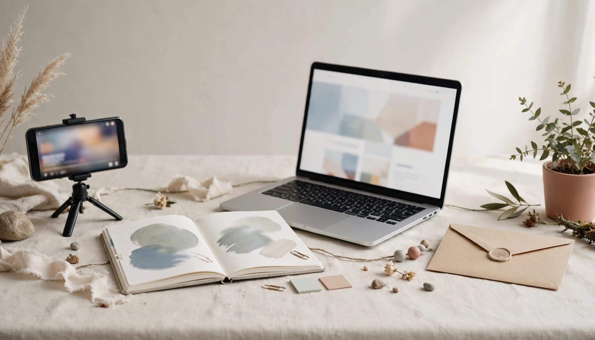 A phone, notebook, laptop, and envelope arranged in three stages on a studio surface.