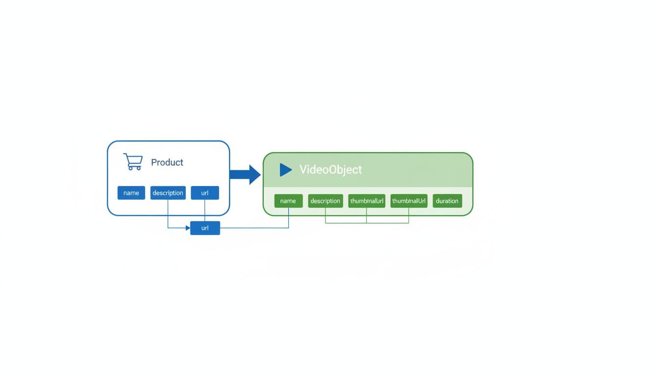 Clean flowchart diagram links VideoObject schema to Product schema, with nodes for name, description, thumbnailUrl, duration, plus product and video icons on white background.