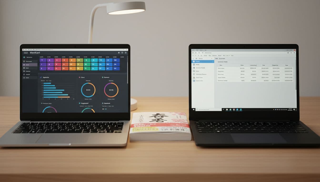 WaniKani Review 2026: Worth It for Serious Japanese Learners? 3 Two laptops side by side on a modern desk show WaniKani and Anki interfaces next to a Japanese textbook.