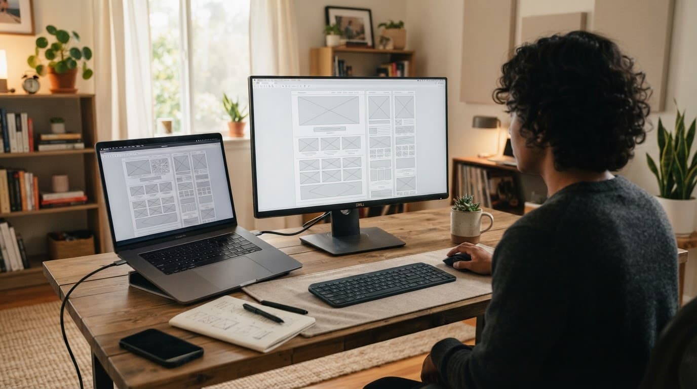 A desk with a laptop and monitor showing website wireframes in a cozy home office.