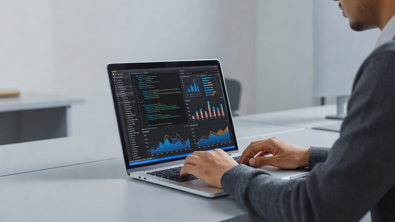 A laptop displaying code and analytics charts on a clean desk indoors.