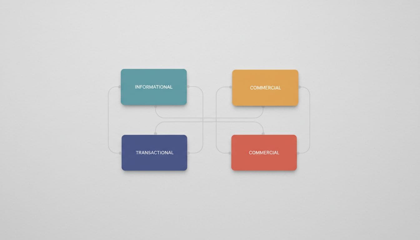 Four blank cards arranged on a gray surface connected by thin lines representing content categories.